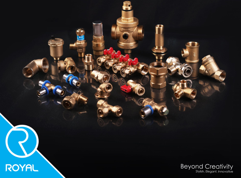 A large assortment of copper parts for plumbing